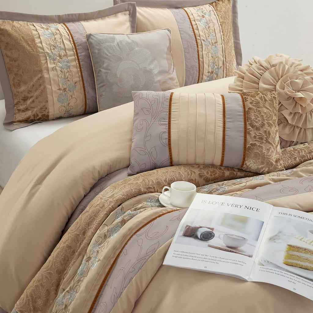 Grand Avenue Sand King Comforter Set, Piecework with Flocking Embroidery Bedding, Floral 7 Pieces Comforters, Bedskirt, Pillows & Shams