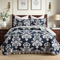 King Size Quilt Set, 100% Cotton Navy Blue Quilted Bedspread Set, Navy Blue White Floral Pattern Farmhouse Reversible Quilt Bedding Set for All Season, 3-Piece Quilt Set