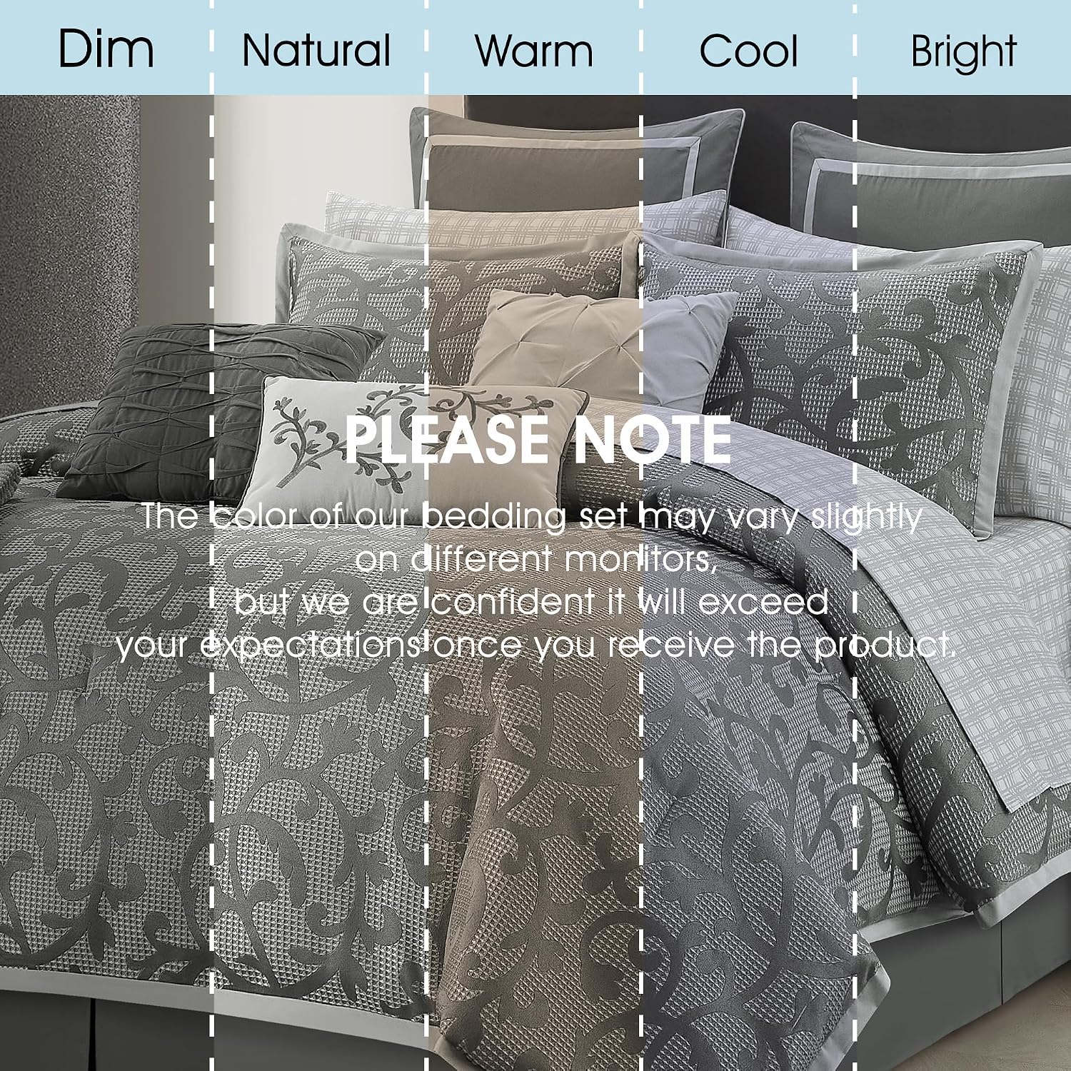 LANCO MODERN LIFESTYLE Grey Queen Comforter Set, Classic Jacquard Floral 14 Pieces Bedding Set, Ultra Soft for All Seasons, Sheets, Bedskirt, Throw, Matching Shams and Decor Pillows