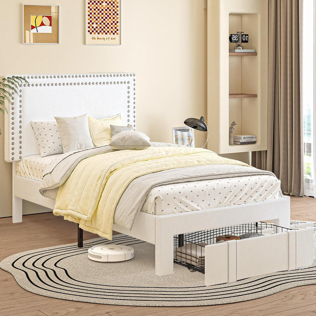 VECELO Twin Size Upholstered Bed Frame with Storage Drawer, Adjustable Velvet Rivet Decor Headboard, Wooden Slats Platform Support, No Box Spring Needed, Easy Assembly,White
