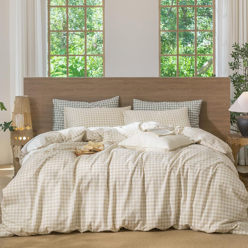 MooMee Gingham Duvet Cover Set 100% Washed Cotton Linen Like Textured Breathable Durable Soft Comfy Modern Checkered Design (Almond Milk Grey Gingham, Super King 108'x98')
