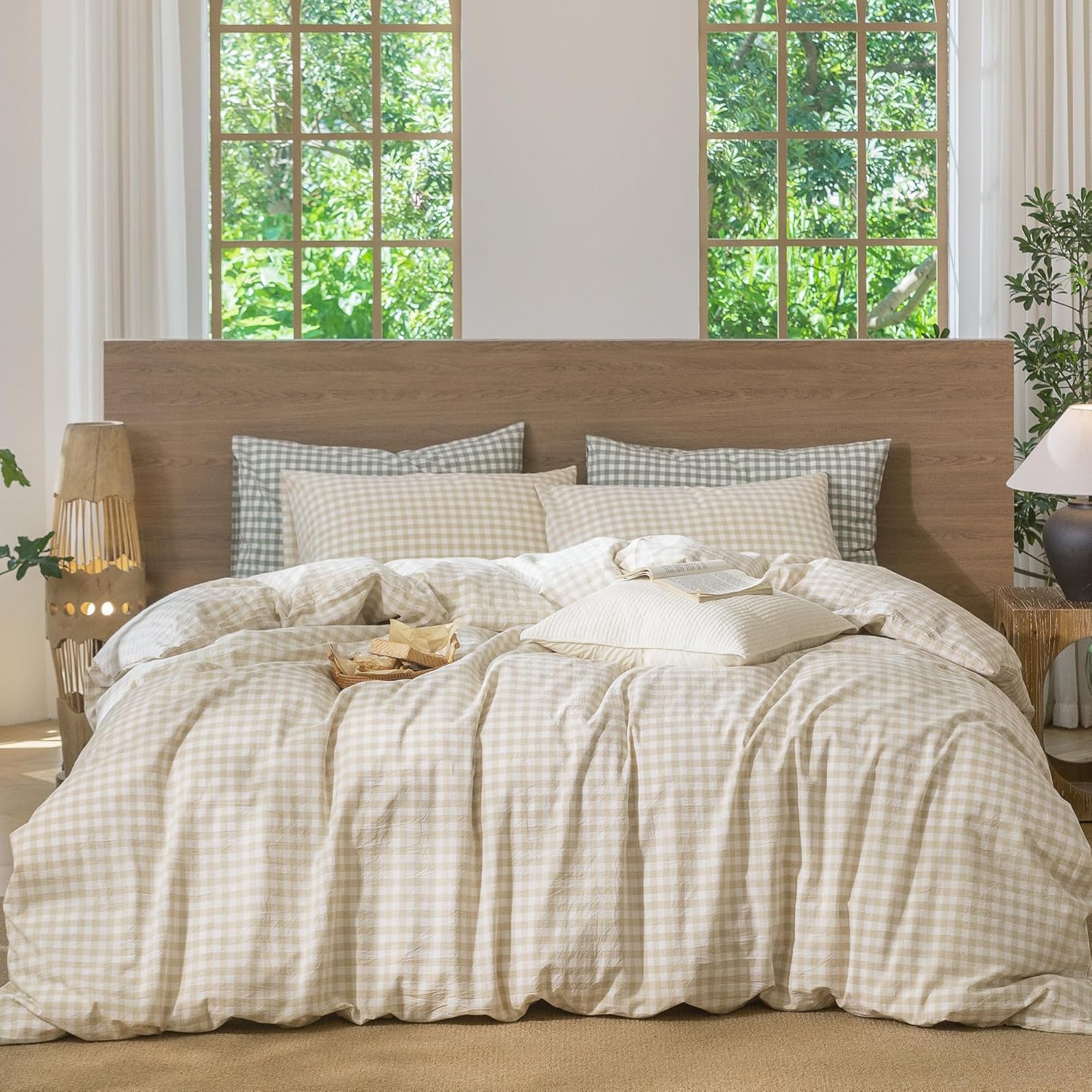 MooMee Gingham Duvet Cover Set 100% Washed Cotton Linen Like Textured Breathable Durable Soft Comfy Modern Checkered Design (Almond Milk Grey Gingham, Super King 108'x98')