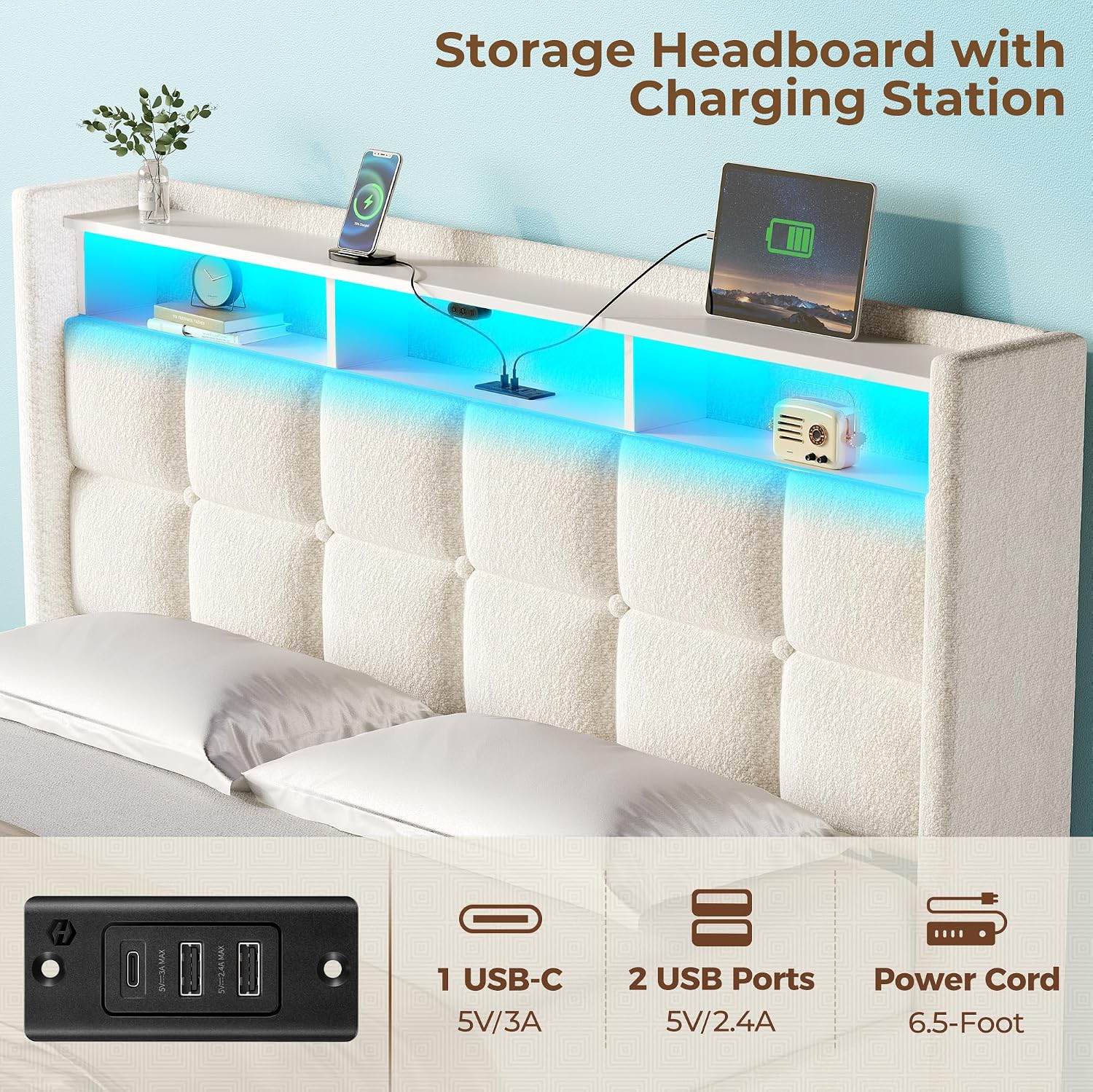 Rolanstar Bed Frame Full Size with Lift Up Storage, Charging Station & LED Lights, Upholstered Storage Headboard, Heavy Duty Wooden Slats, No Box Spring Needed, Noise Free, Easy Assembly, Beige