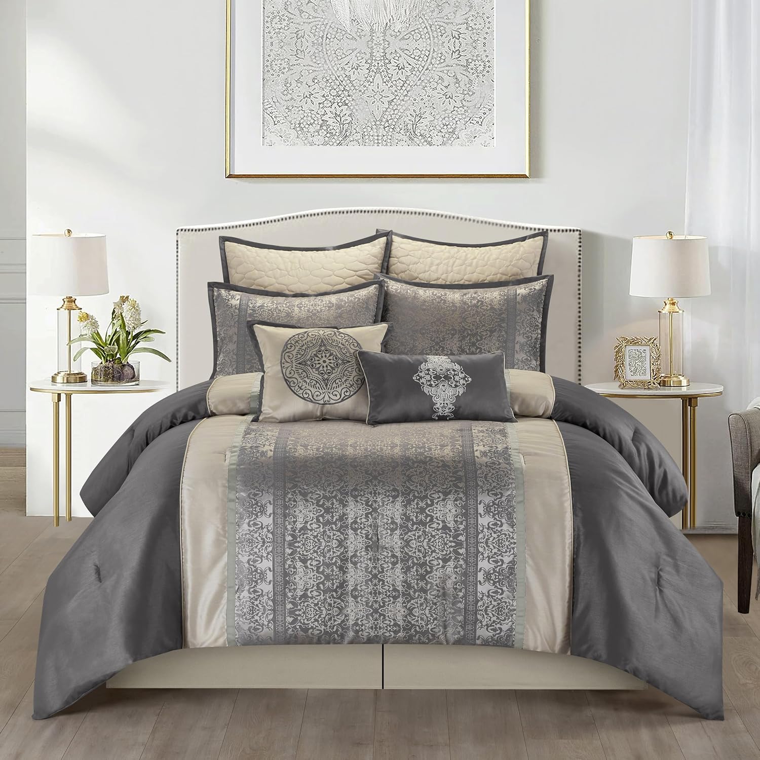 Stratford Park Silver/Ivory Damask Patchwork California King Comforter Set, 8 Piece, Jacquard All Season Premium Bedding Set, Bed Skirt, Pillows & Shams