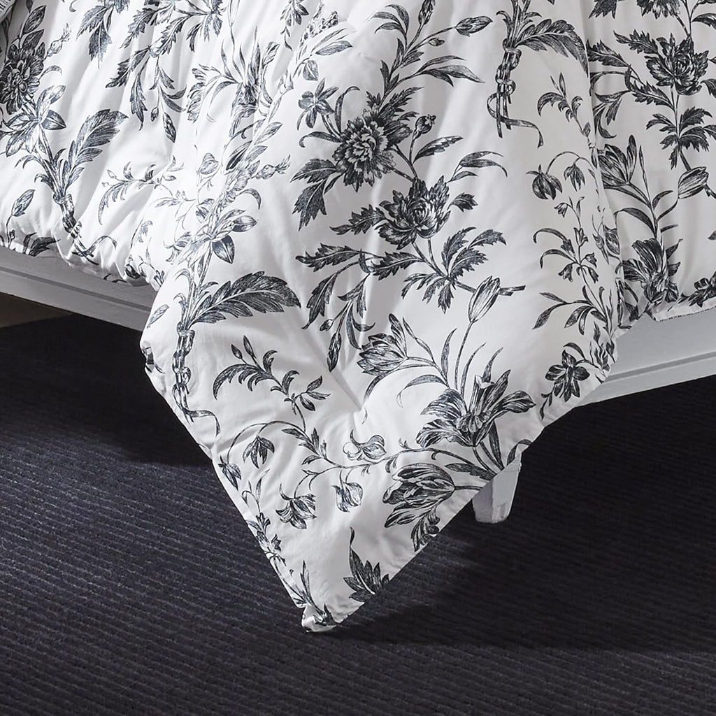 Laura Ashley - King Comforter Set, Reversible Cotton Bedding, Includes Matching Shams with Bonus Euro Shams & Throw Pillows (Amberley Black/White, King)