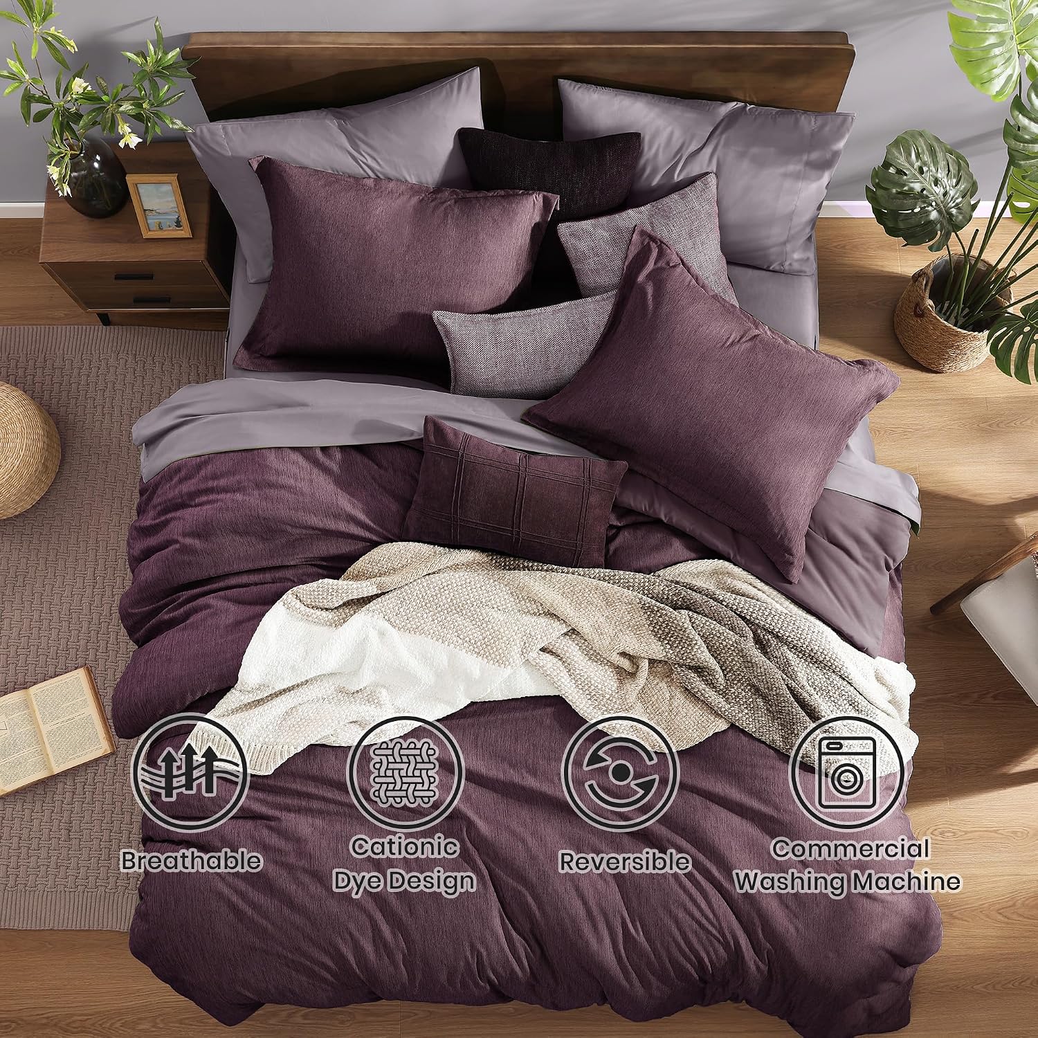 Monbix Super King Comforter Set, Italian Plum Cationic Dyeing Bedding Set Reversible, Bed in a Bag 7 Pieces with Comforter, Sheets, Pillowcases & Shams