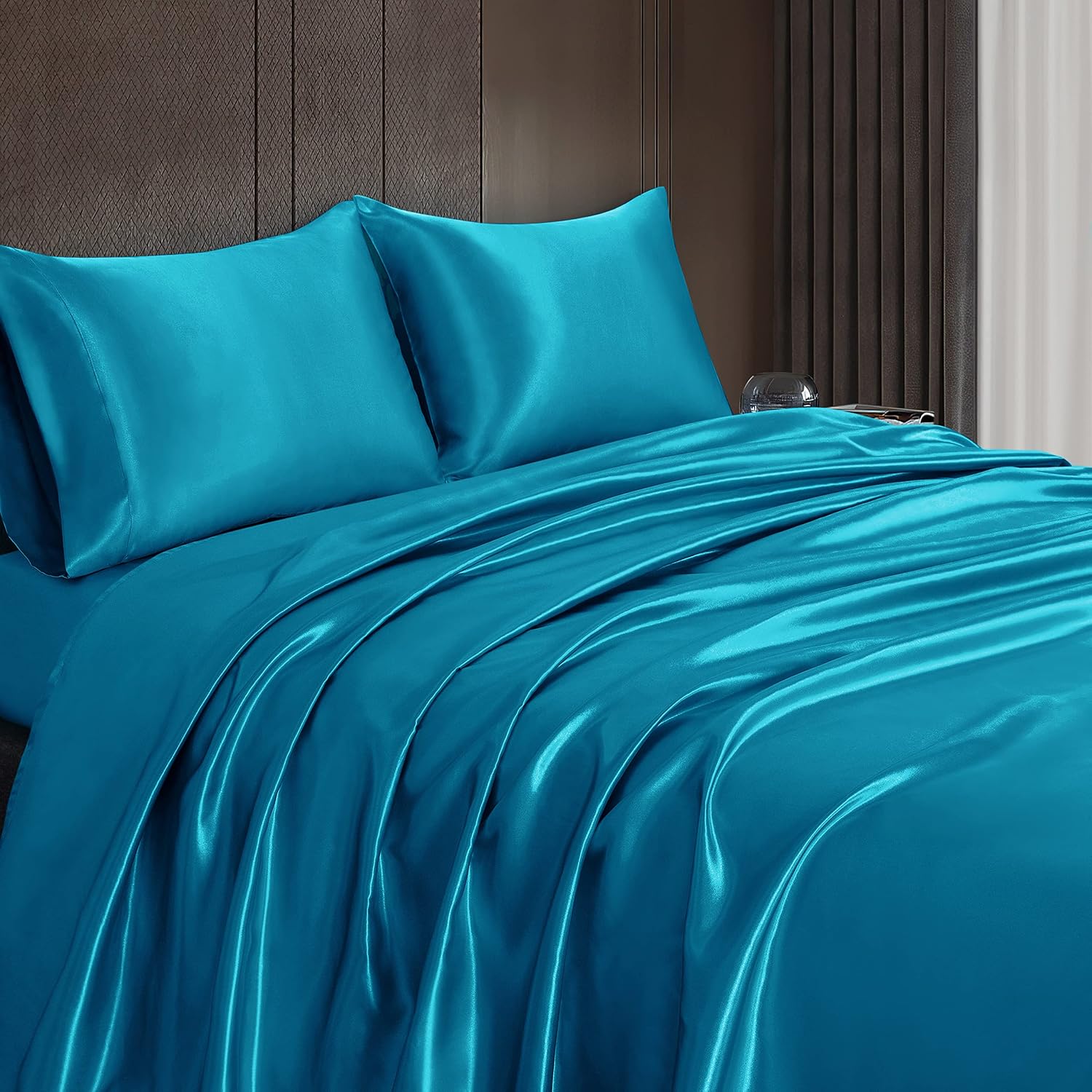16 Momme 100% Mulberry Silk Bedding Set Emperor Size 4-Piece Luxury (2 Pillowcases, 1 Fitted Sheet, 1 Flat Sheet) - 6A Grade Natural Silk Fits 22-25' Deep Pocket (Solid, Turquoise)