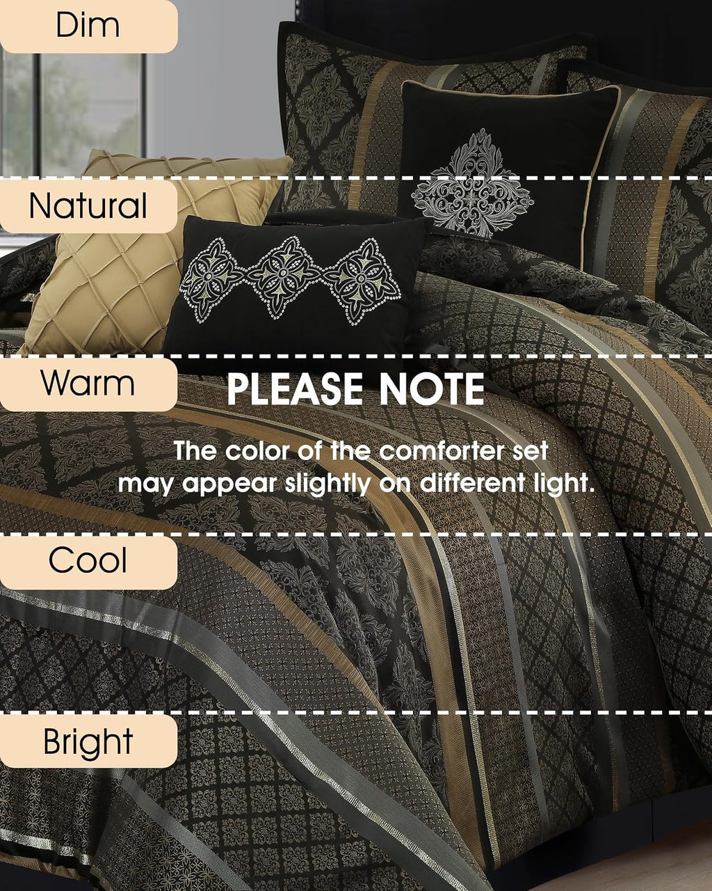 LANCO MODERN LIFESTYLE California King Comforter Set, Black Gold, Luxury Geometric Jacquard, All Seasons, 7 Pieces Bedding Set, Matching Shams, Bedskirt, Decorative Pillows