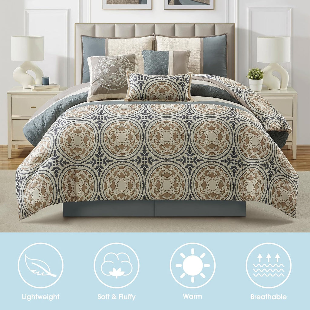 LANCO MODERN LIFESTYLE Queen Comforter Set, Green Taupe, Soft Microfiber Print Fabric Bedding Set, Luxury Home Decor, Bed in a Bag, 7 Pieces Included Comforter, Bedskirt, Shams and Decor Pillows