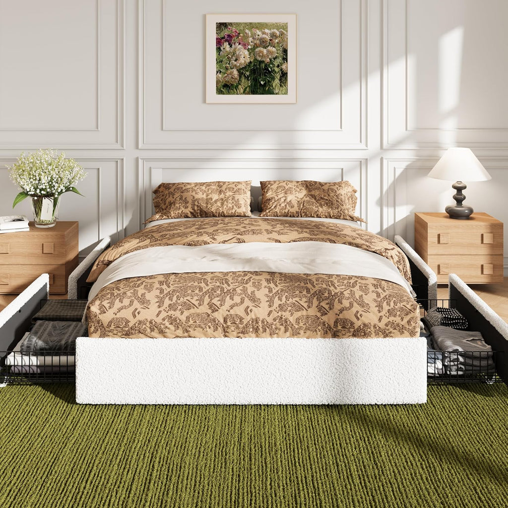 Allewie Full Size Bed Frame with 4 Oversized Storage Drawers, Soft Teddy Fabric, Boucle Upholstered Platform Bed, Wooden Slats Support, Noise-Free, No Box Spring Needed, Easy Assembly, White