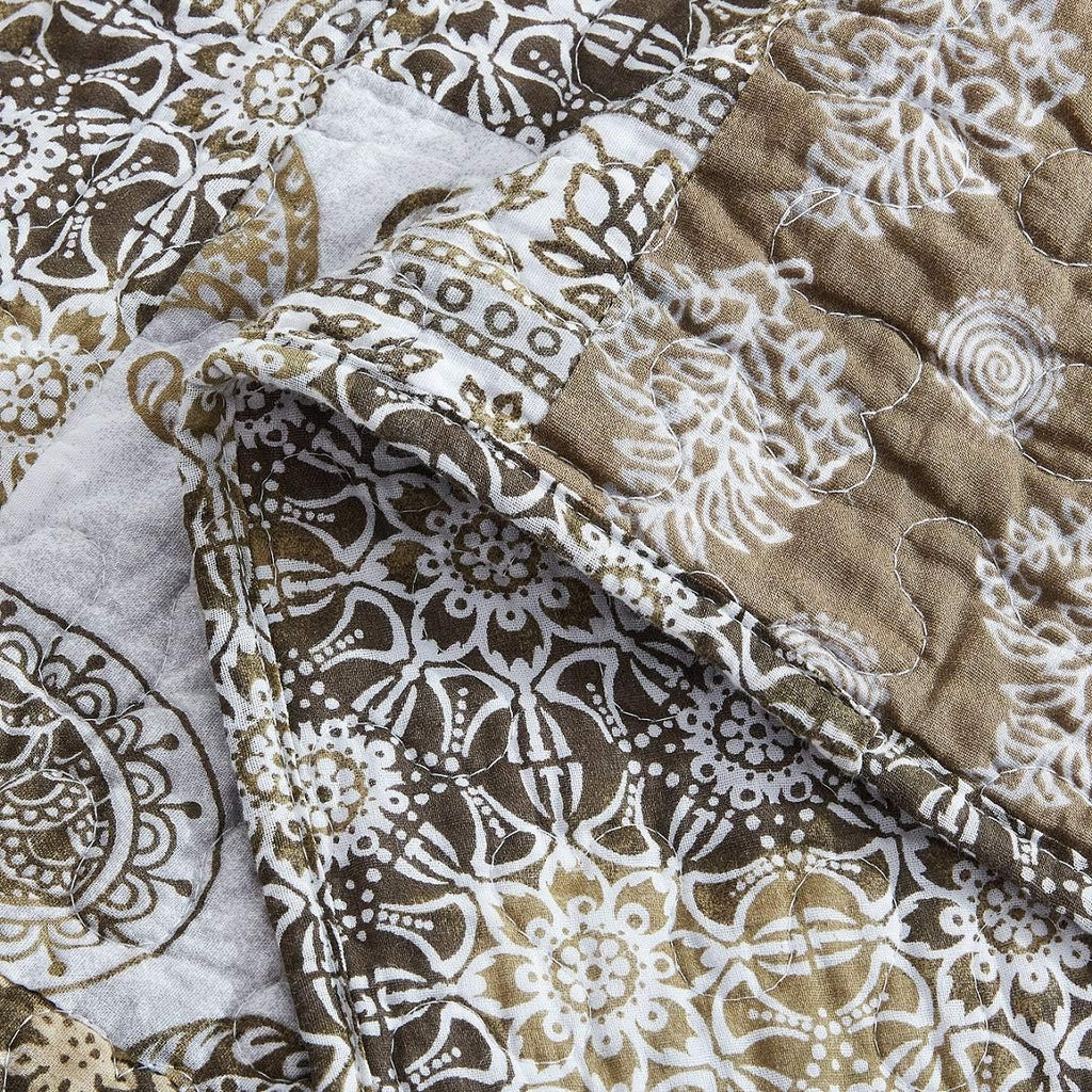 DaDa Bedding Bohemian Cotton Real Patchwork Floral Quilt Bedspread - Moroccan Dreams Filigree Paisley Olive Green Brown - Reversible Multi-Colorful Rustic Quilted Coverlet Set - Twin - 2-Pieces