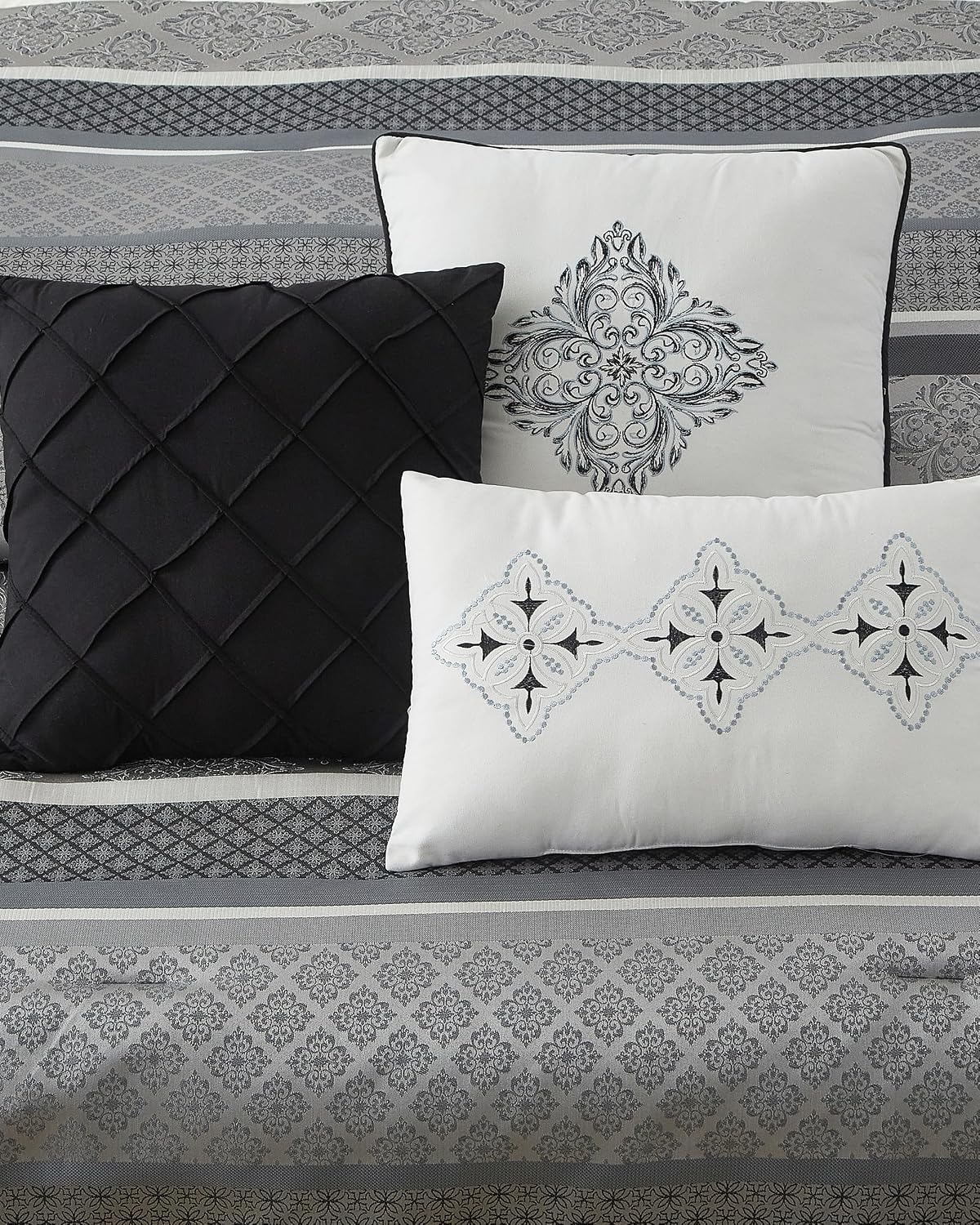 LANCO MODERN LIFESTYLE California King Comforter Set, Black Grey, Luxury Geometric Jacquard, All Seasons, 7 Pieces Bedding Set, Matching Shams, Bedskirt, Decorative Pillows