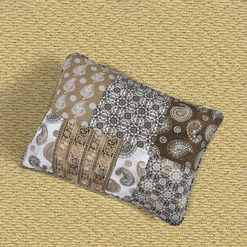 DaDa Bedding Bohemian Cotton Real Patchwork Floral Quilt Bedspread - Moroccan Dreams Filigree Paisley Olive Green Brown - Reversible Multi-Colorful Rustic Quilted Coverlet Set - Twin - 2-Pieces