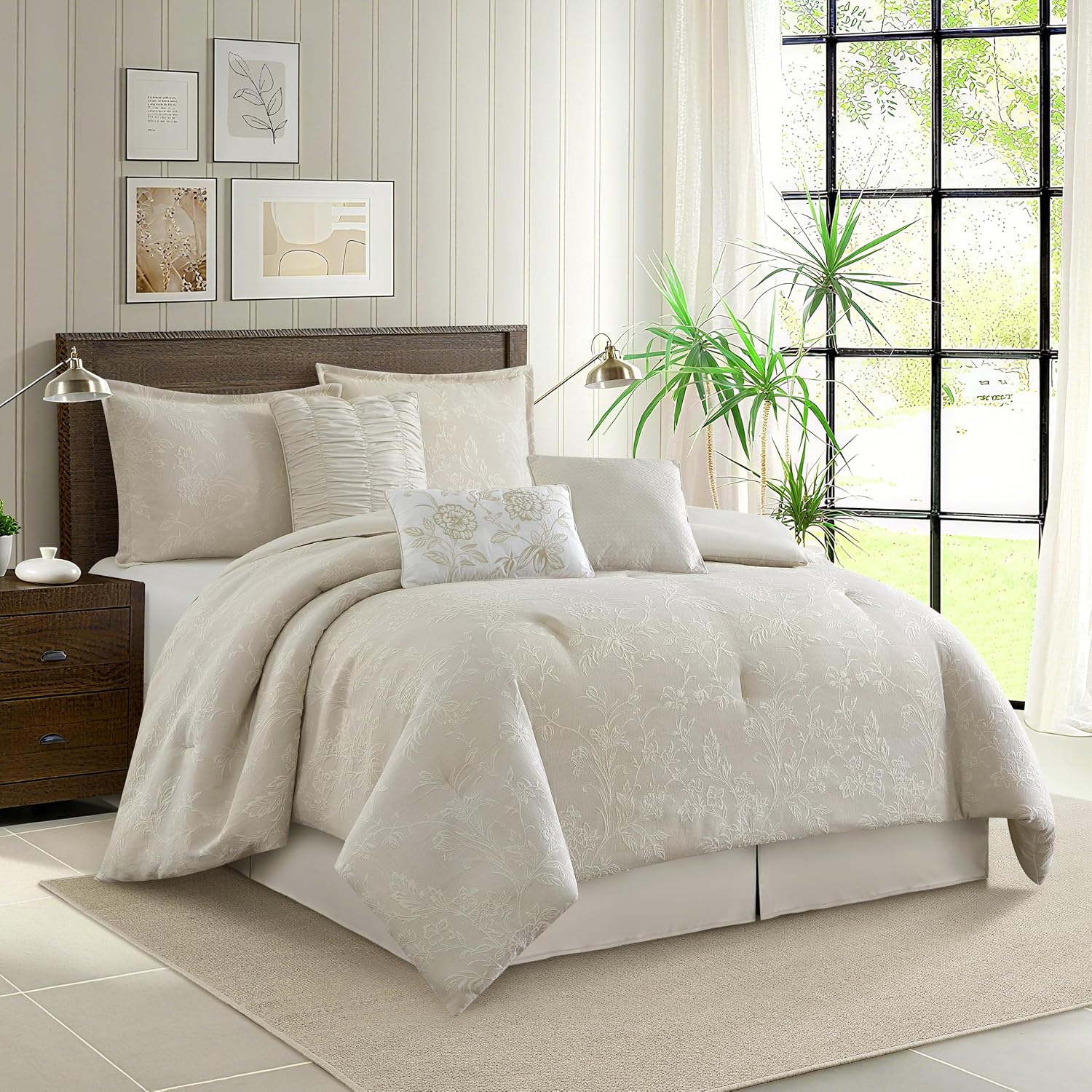 Grand Avenue Beige Cotton Blend Comforter Set, Elegant 7 Piece, Floral Jacquard King Size Bedding, All Season, Bedskirt, Pillows & Shams, Home Decor