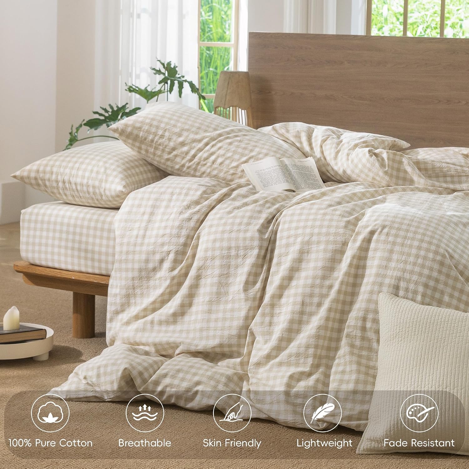 MooMee Gingham Duvet Cover Set 100% Washed Cotton Linen Like Textured Breathable Durable Soft Comfy Modern Checkered Design (Almond Milk Grey Gingham, Super King 108'x98')