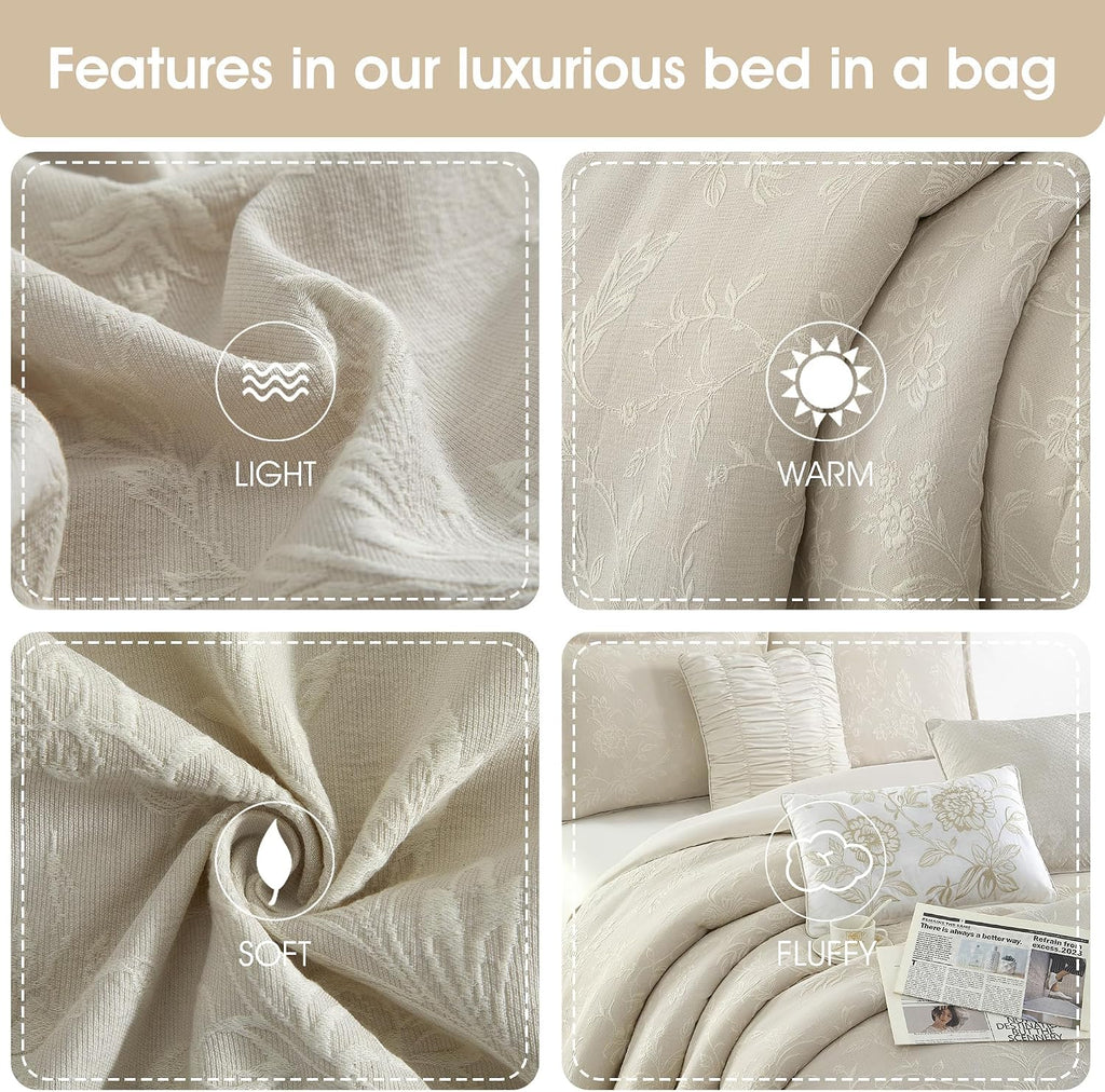 Grand Avenue Beige Cotton Blend Comforter Set, Elegant 7 Piece, Floral Jacquard California King Size Bedding, All Season, Bedskirt, Pillows & Shams, Home Decor