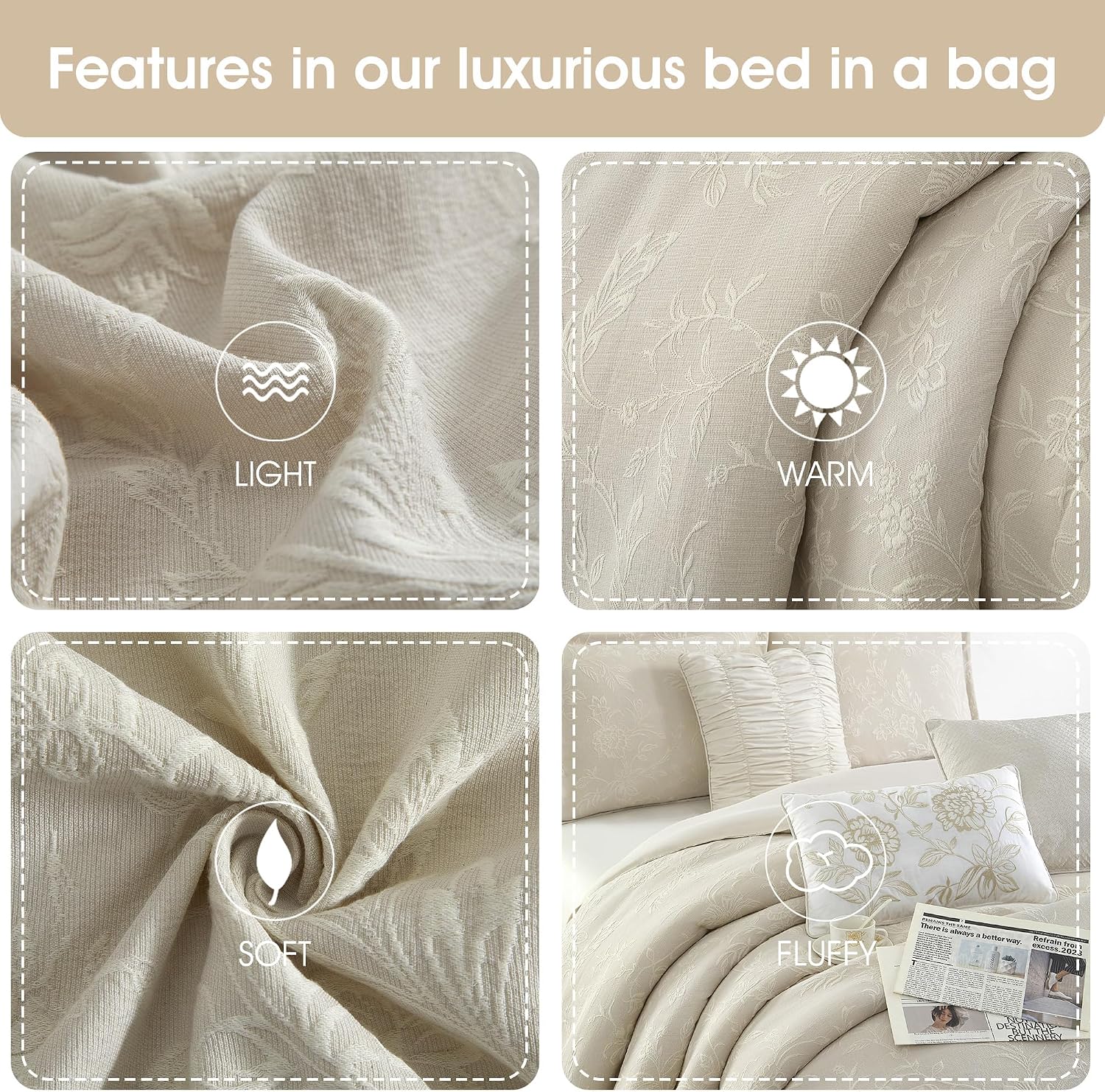 Grand Avenue Beige Cotton Blend Comforter Set, Elegant 7 Piece, Floral Jacquard California King Size Bedding, All Season, Bedskirt, Pillows & Shams, Home Decor