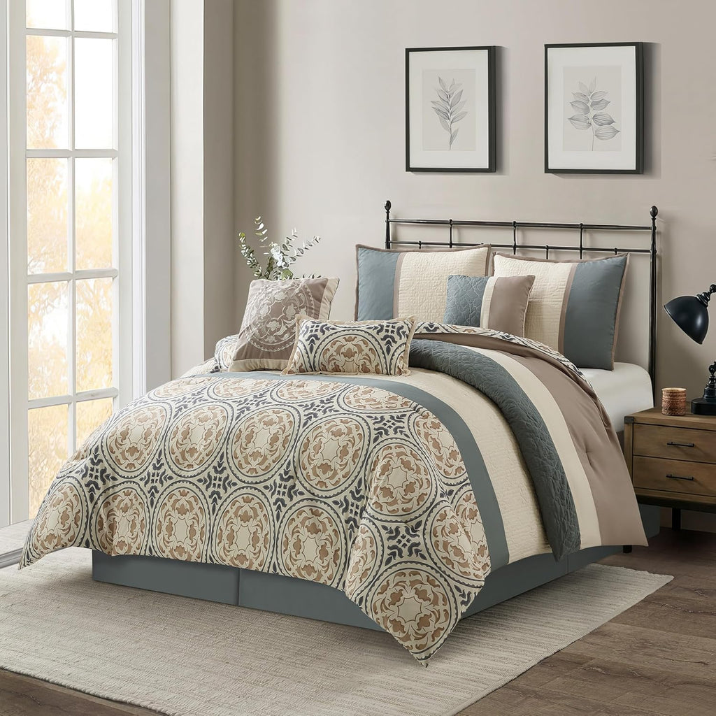 Grand Avenue Multi-Color Cal King Comforter Set, 7 Piece, Microfiber Print Bedding Sets & Collections, Pillow Shams Bedskirt, Home Decor