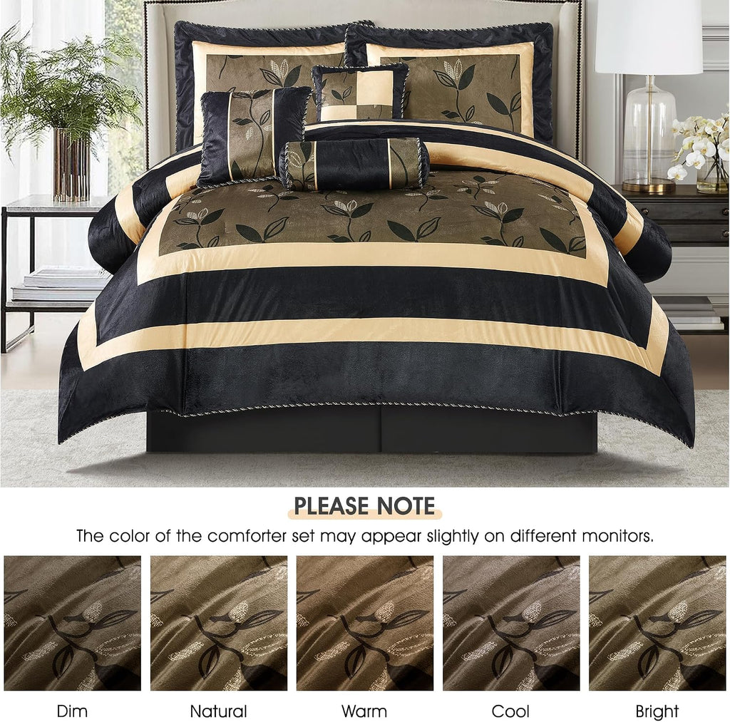 LANCO MODERN LIFESTYLE Black and Gold Comforter Set, Full, Short Plush Print with Leaves Pattern, Ultra Soft, 7 Piece Bedding Set, Bed in a Bag, Bedskirt, Shams and Decorative Pillows