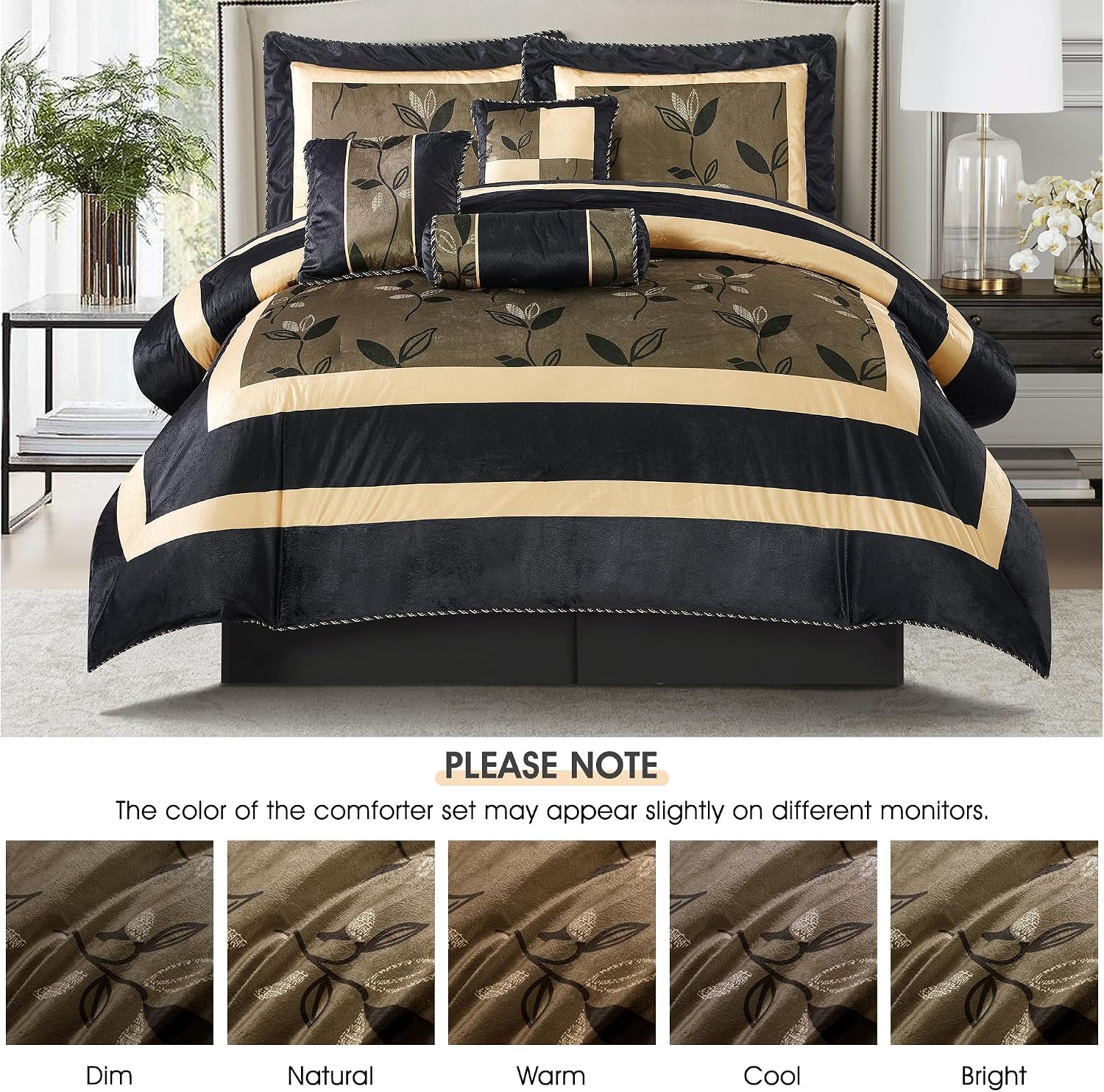 LANCO MODERN LIFESTYLE Black and Gold Comforter Set, Full, Short Plush Print with Leaves Pattern, Ultra Soft, 7 Piece Bedding Set, Bed in a Bag, Bedskirt, Shams and Decorative Pillows