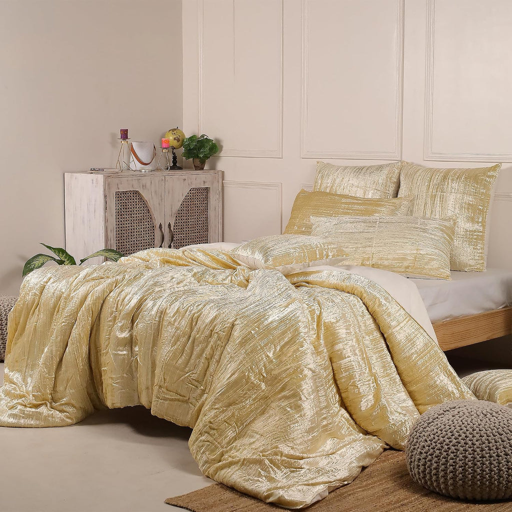 The Harry Creations 3 Pcs Set Solid Pattern Velvet Bedding Ultra Donna Crushed Luxury Boho Duvet Cover (Crush- Custard Yellow, Super King Plus 114' x 118')