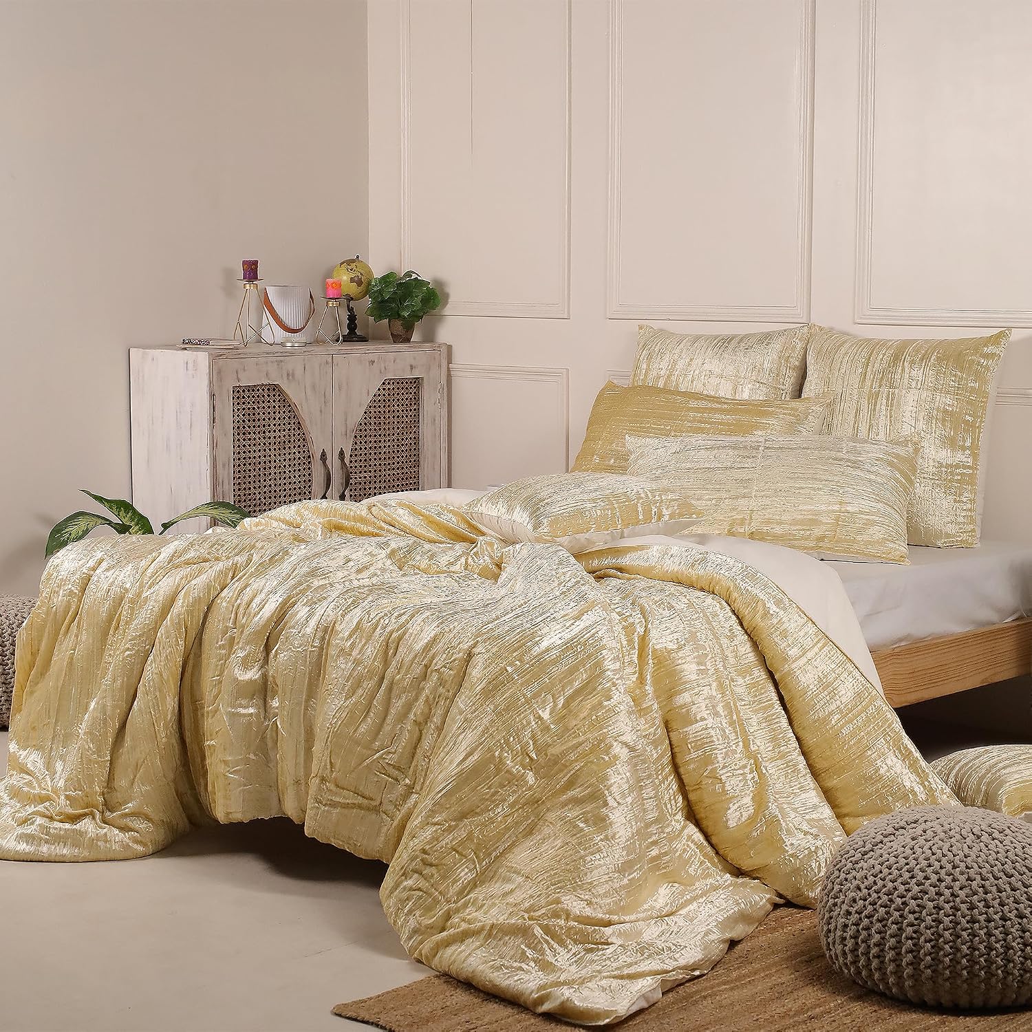 The Harry Creations 3 Pcs Set Solid Pattern Velvet Bedding Ultra Donna Crushed Luxury Boho Duvet Cover (Crush- Custard Yellow, Super King Plus 114' x 118')