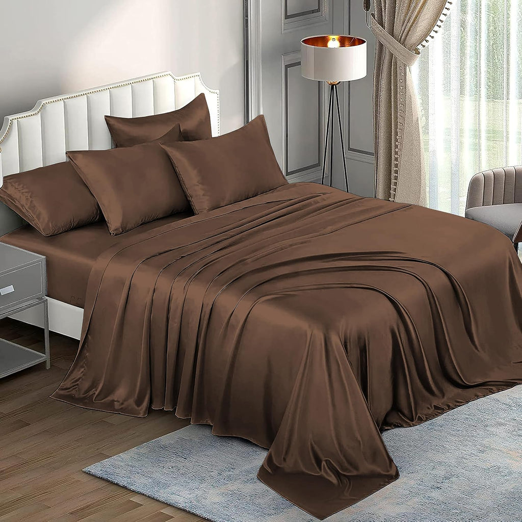 6 Piece Mulberry Silk Sheet Set Queen Size (60x80)+ Upto 16 Inch Deep Pocket Chocolate Brown Color Smooth Soft and Silk Bed Sheets Queen Size Bedding Set