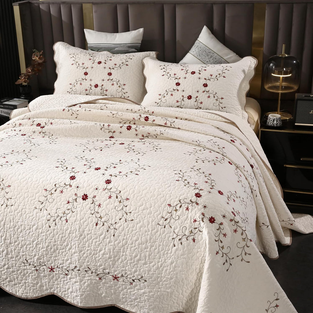 ROOMLIFE Quilt Set Floral Leaves 3D Embroidery Pattern 3 PCS Cotton Reversible Quilted Embroidered Decorative Bedspreads Coverlet Set, Lightweight &Soft Queen Size Bedding Coverlet for All Season