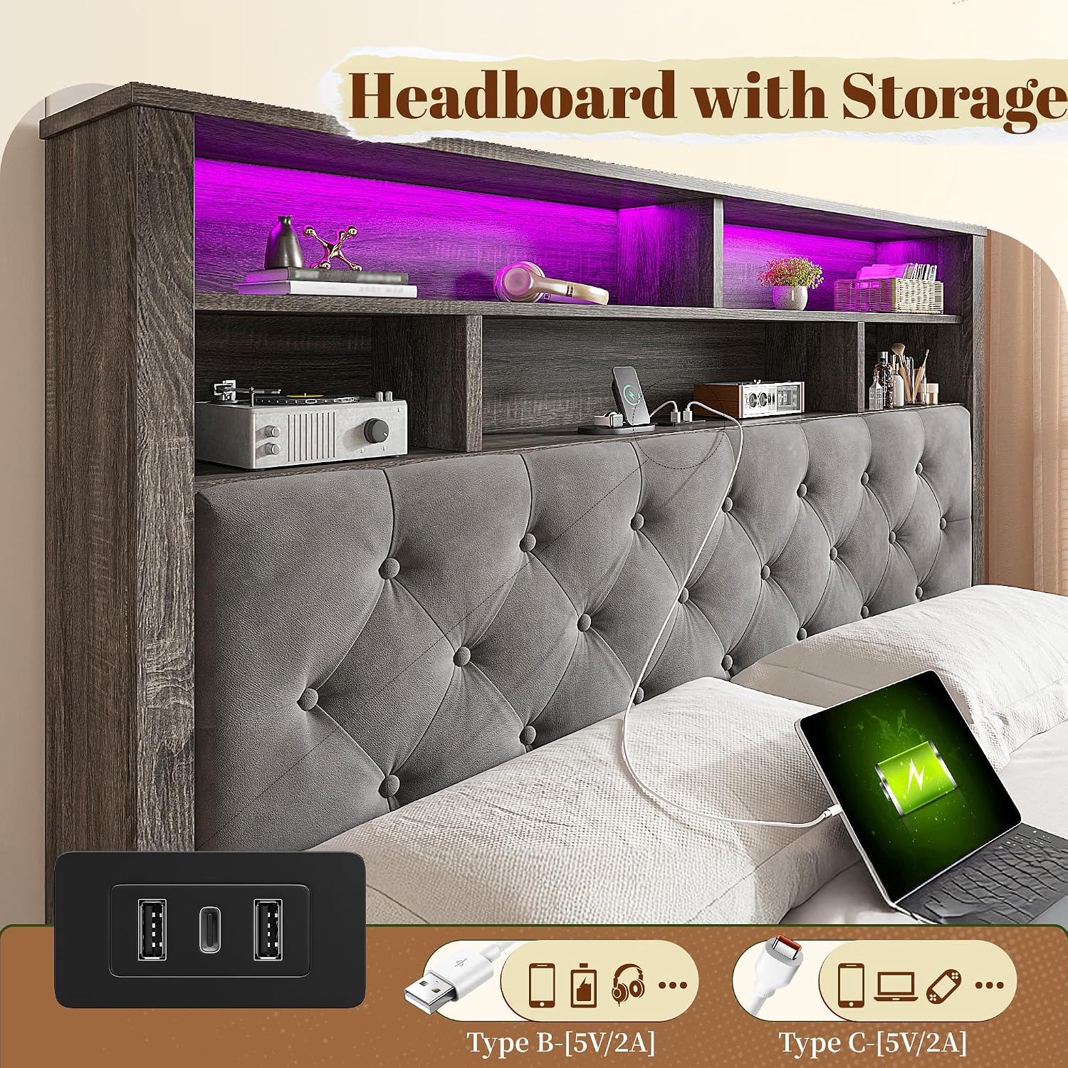 EnHomee Full Size Bed Frame with 4 Storage Drawers and Headboard Upholstered,Wooden Full Bed Frame with Charging Station and LED Light,NO Noise,No Box Spring Needed,Dark Gray