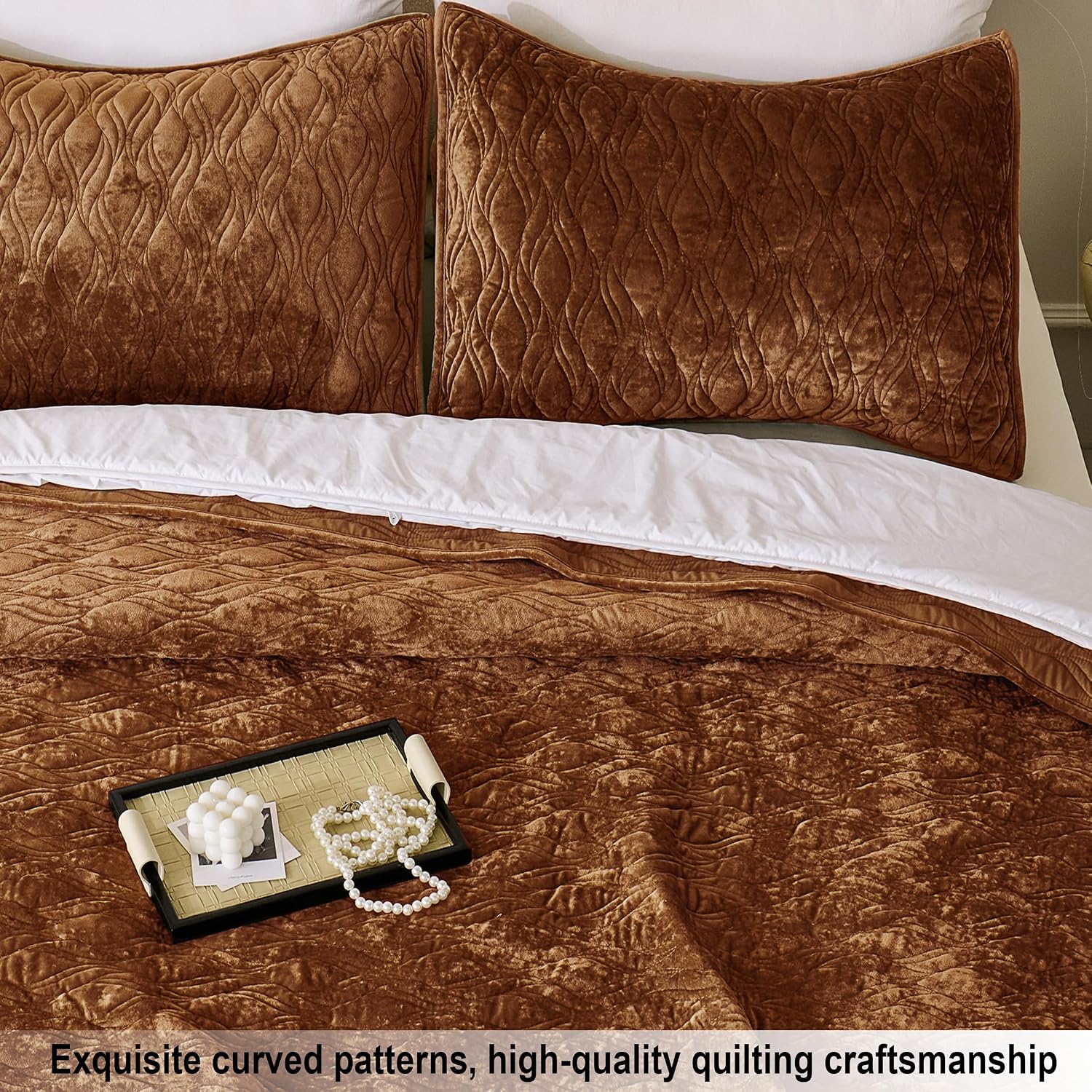 Luxury Oversized King Quilt 120x120 Bedspreads Coverlet Bedding Set Velvet Comforter King Size 3 Pieces Set with 1 Quilted Beauty Bedspreads and 2 Pillow Shams 20x36,Caramel