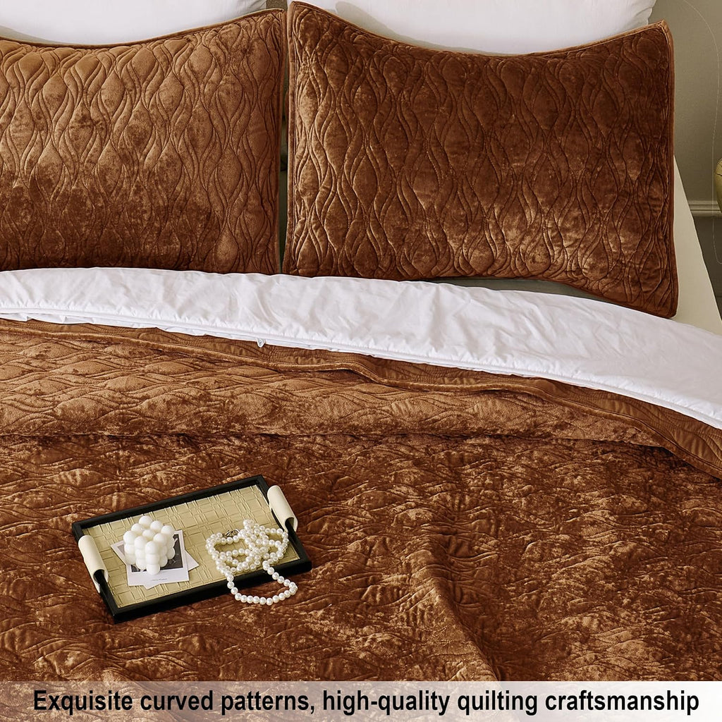 California King Size Bedding Set 106x118 Beauty Solid 3PS Velvet Quilted Comforter Set Texture Soft Bedspread Coverlet Modern Home Style All Season Use,Caramel