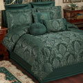 Camelot Luxury Bedding | Emerald Green | Matte Satin Damask on Richly Textured Jacquard-Woven Chenille | 7 Piece Set Includes Queen Comforter, Bedskirt, 2 Standard Shams, and 3 Decorative Pillows