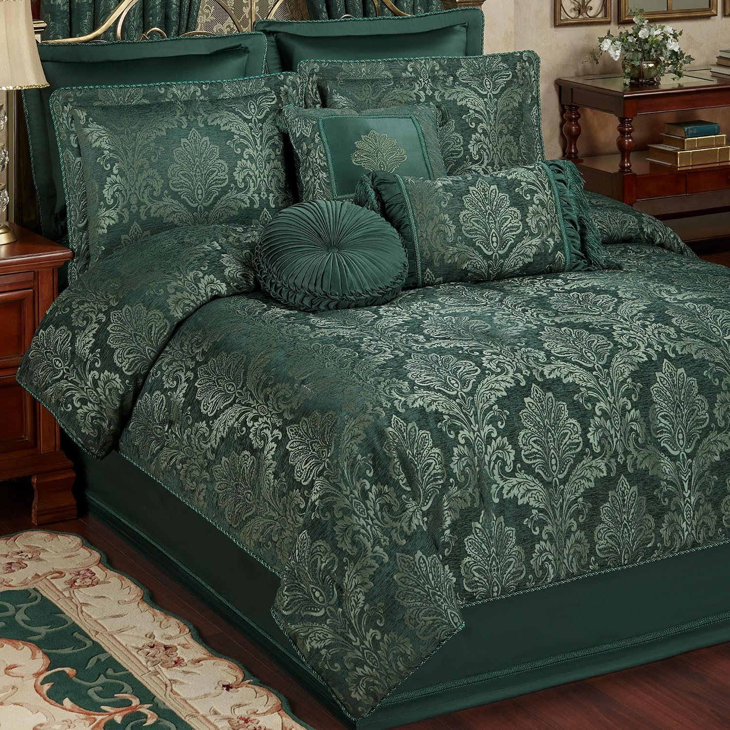 Camelot Luxury Bedding | Emerald Green | Matte Satin Damask on Richly Textured Jacquard-Woven Chenille | 7 Piece Set Includes Queen Comforter, Bedskirt, 2 Standard Shams, and 3 Decorative Pillows