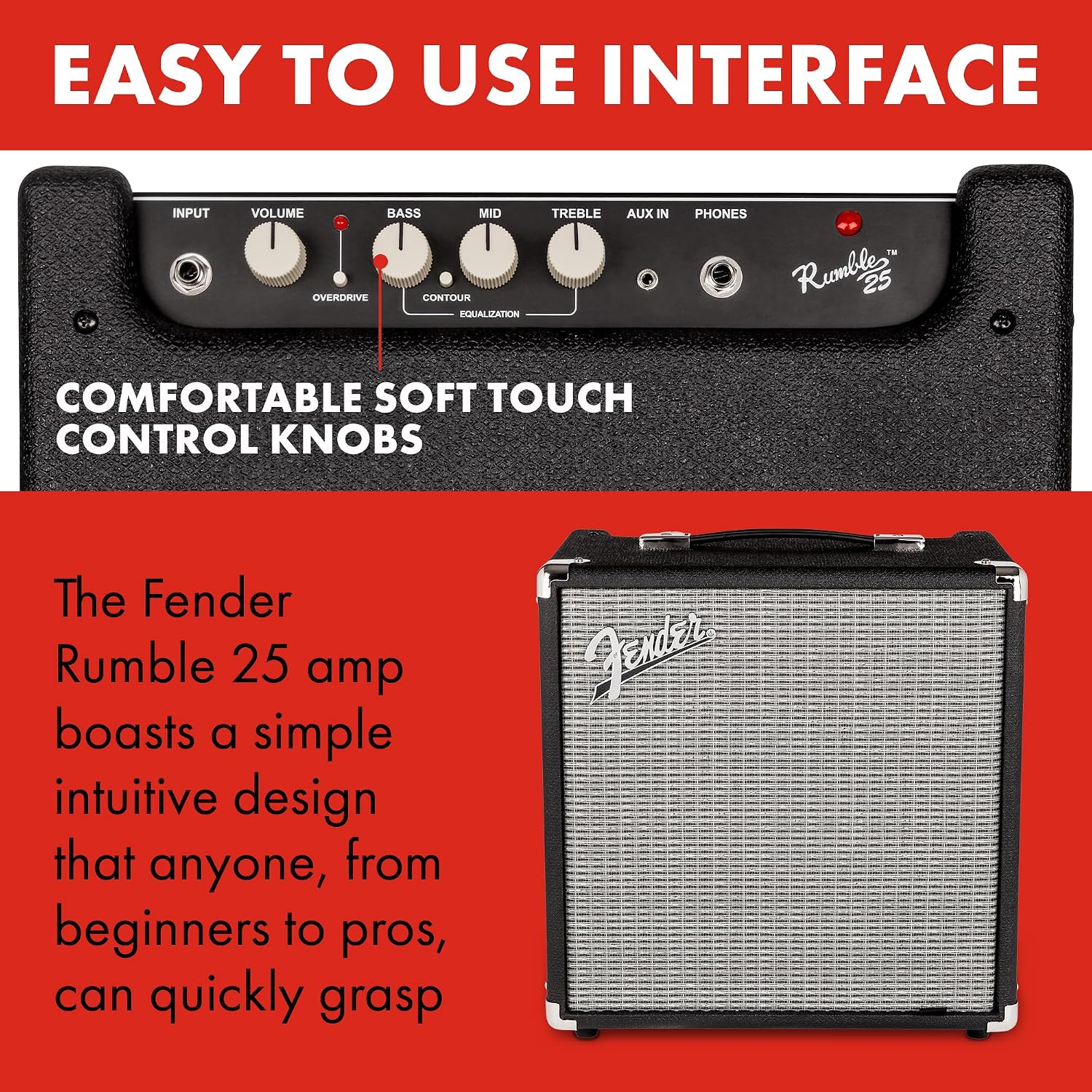 Fender Rumble 25 V3 Bass Guitar Amplifier, 25-Watt Combo Amp with 8' Speaker, Switchable Overdrive, Mid-Scoop Contour, Aux In & Headphone Out, with 2-Year Warranty