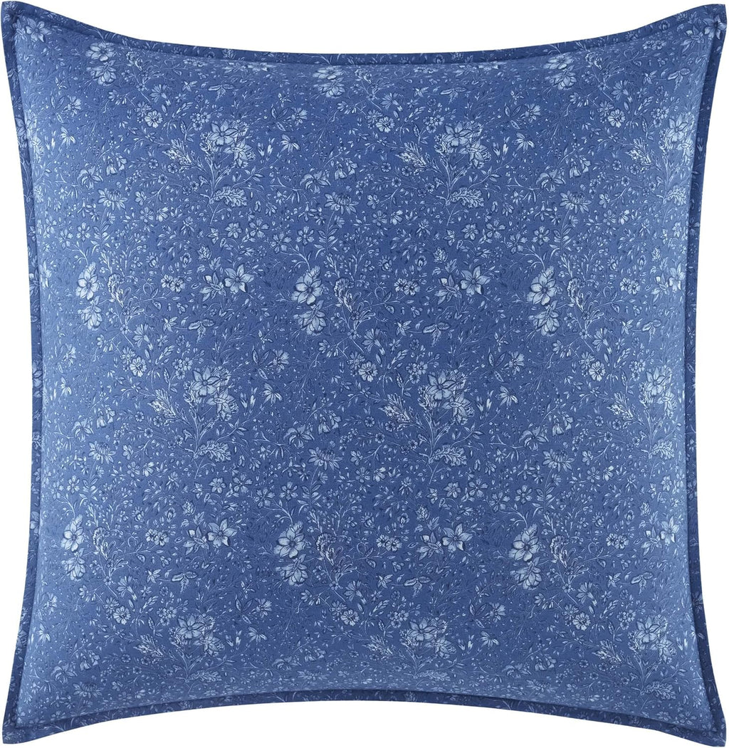 Laura Ashley - King Comforter Set, Reversible Cotton Bedding, Includes Matching Shams with Bonus Euro Shams & Throw Pills (Elise Blue, King)