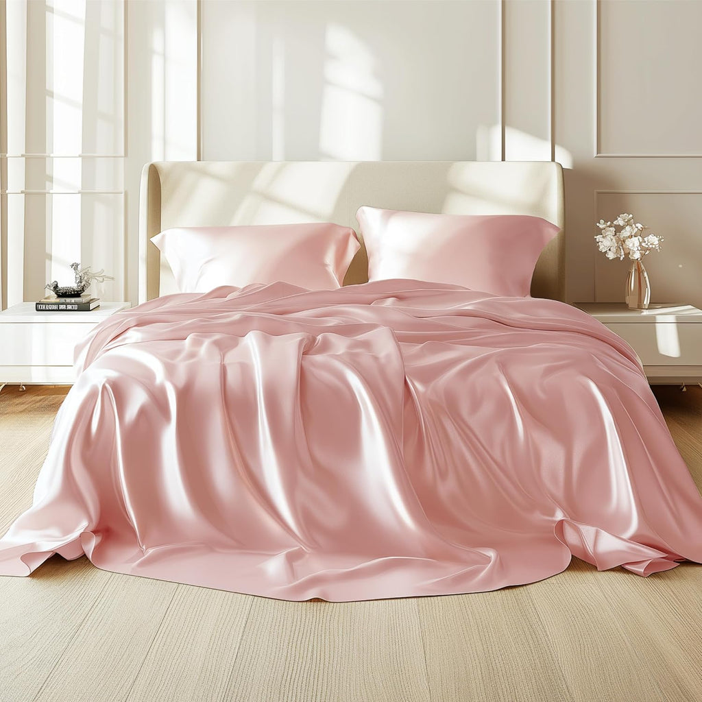 4 Pieces Sheet Set, 100% Mulberry Silk Bed Sheets Fits 10-12' Deep Pocket, 22 Momme Twin Size 6A Luxury Silk Bedding Set with Flat Sheet, Fitted Sheet & 2 Pillowcases (Solid, Light Pink)