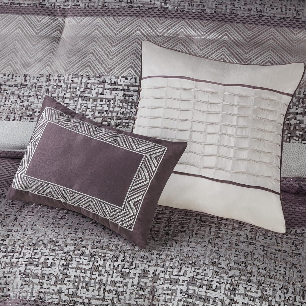 Madison Park Luxury Comforter Set-Traditional Jacquard Design, All Season Down Alternative Bedding, Matching Bedskirt, Decorative Pillows, King(104'x92'), Rhapsody, Striped Purple 7 Piece