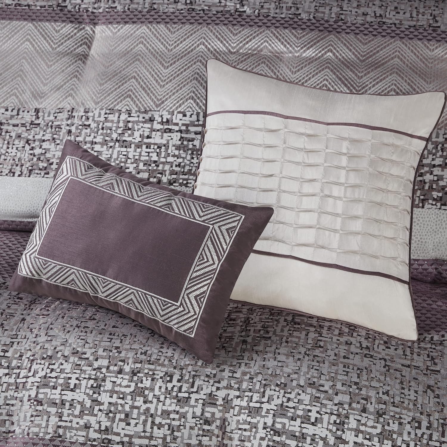 Madison Park Luxury Comforter Set-Traditional Jacquard Design, All Season Down Alternative Bedding, Matching Bedskirt, Decorative Pillows, King(104'x92'), Rhapsody, Striped Purple 7 Piece