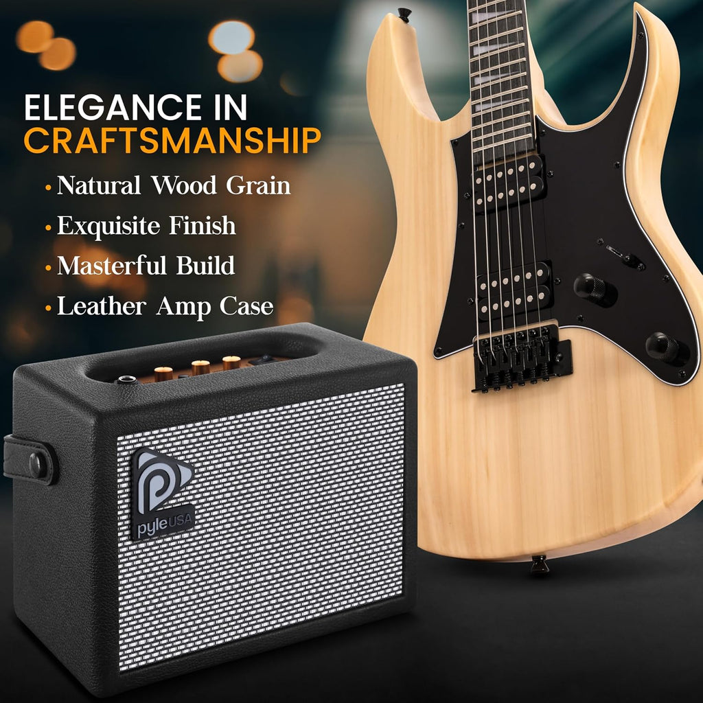Pyle Prog Rock EG Series Electric Guitar with Amp Kit, 39' Full Size with Dual Humbucker Pickups, Low Profile Neck and Solid Paulownia Body, Premium Accessory Kit Included (Prog Rock, Natural)