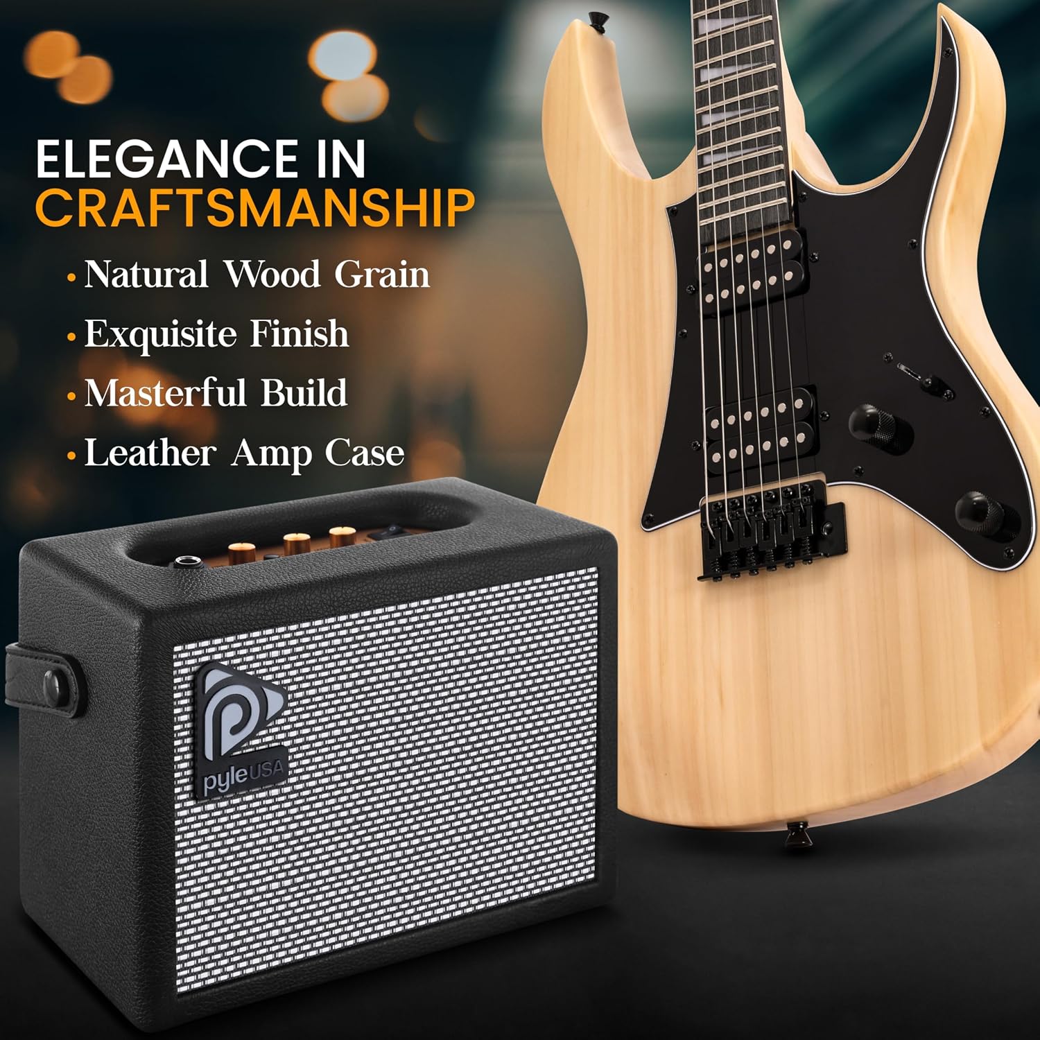 Pyle Prog Rock EG Series Electric Guitar with Amp Kit, 39' Full Size with Dual Humbucker Pickups, Low Profile Neck and Solid Paulownia Body, Premium Accessory Kit Included (Prog Rock, Natural)