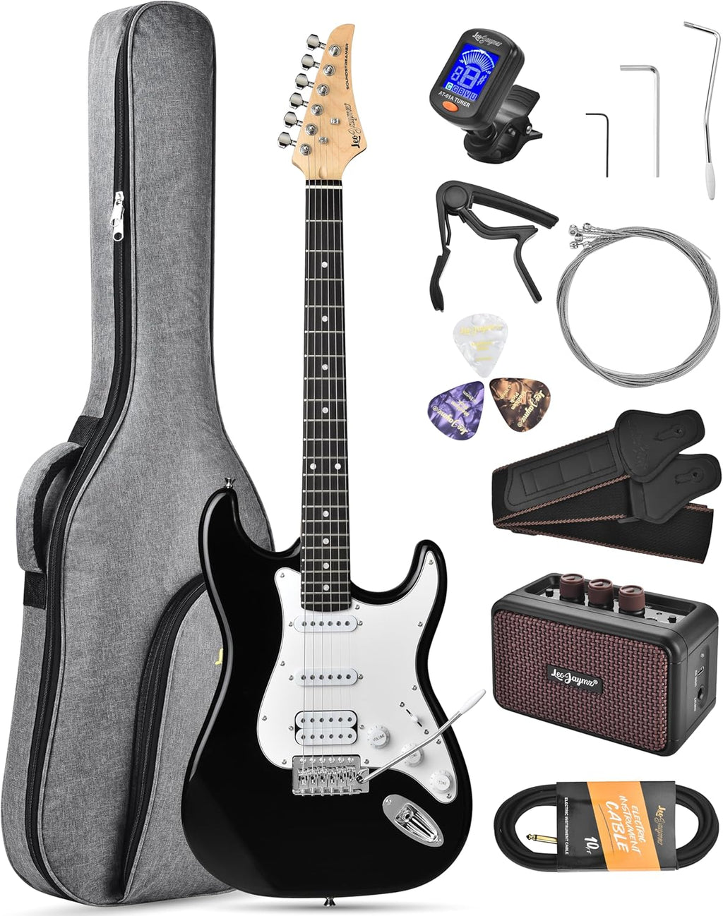 Leo Jaymz Beginner Electric Guitar 39' Kit with Portable Amplifier, Padded Gig Bag, Digital Tuner，Capo，Strap，Picks，HSS Pickups(Black-HSS)