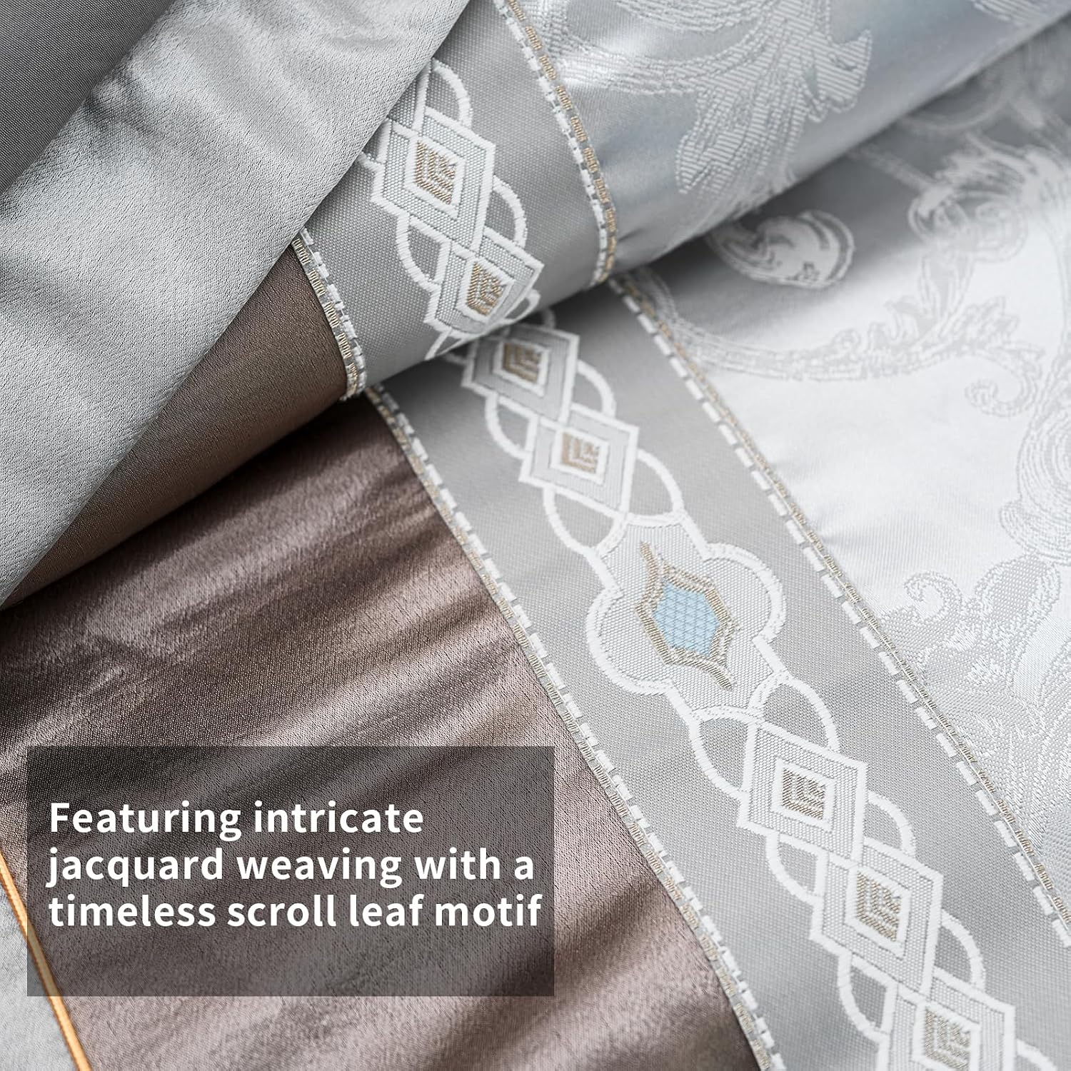7-Piece Queen Comforter Set Bed in a Bag, Elegant Silver Gray Botanical Jacquard Design, Reversible All-Season Luxury Bedding, Soft Faux Silk Fluffy Comforter 90'x90'
