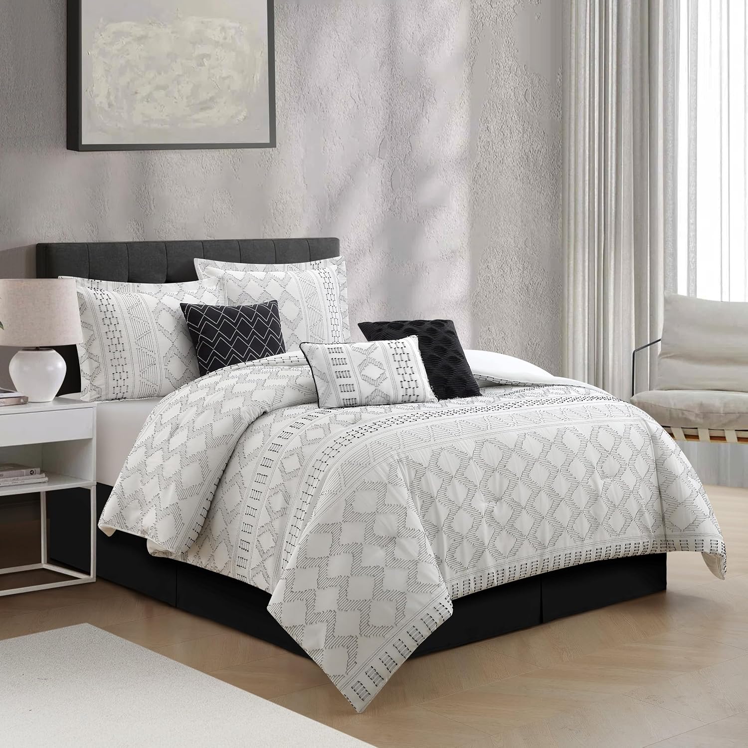 Grand Avenue 7 Piece White Black Comforter Set, Queen Size Clip Bedding Set, All Season Geometric Bedding Set, Matching Pillows, Shams, Bed Skirt