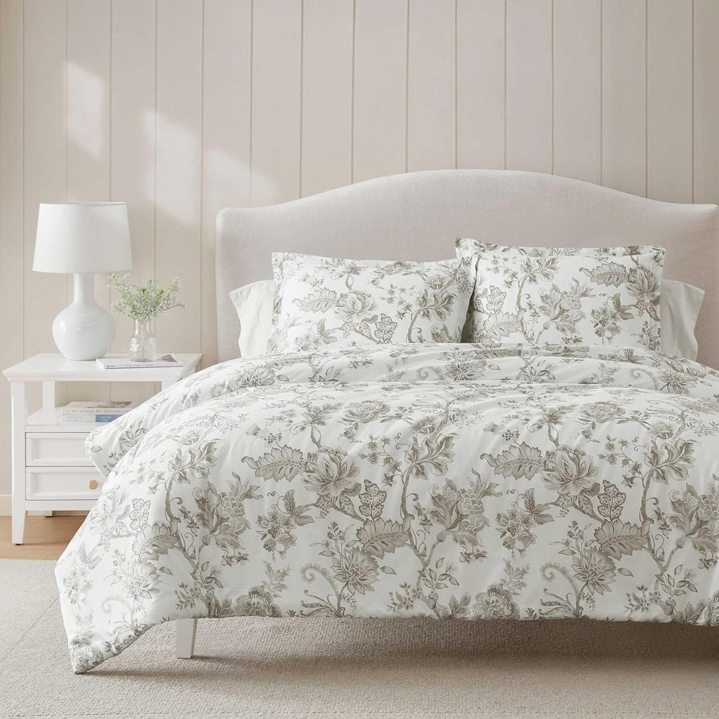 Martha Stewart - Queen Duvet Cover Set, Smooth Sateen Front with Subtle Sheen & Lightweight Cotton Percale Reverse, 3 Piece Bed Set with Matching Pillowcases (Avery Floral Grey)