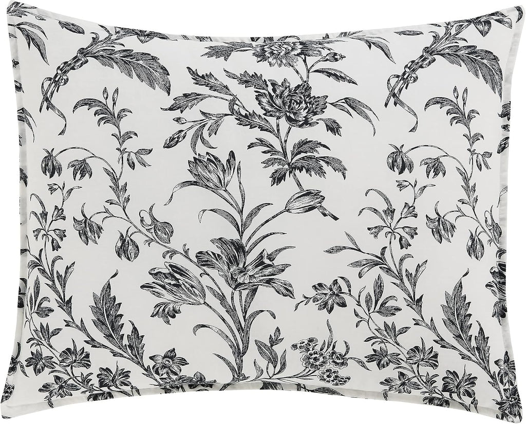 Laura Ashley - King Comforter Set, Reversible Cotton Bedding, Includes Matching Shams with Bonus Euro Shams & Throw Pillows (Amberley Black/White, King)