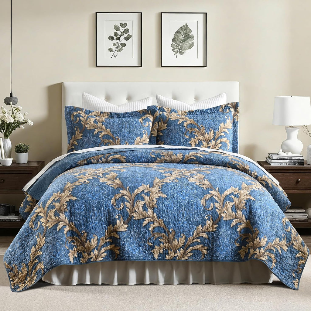 King Size Quilt Set - Blue and Brown Quilt King, 100% Cotton Damask Bedspread Set 3 Piece, Classic Elegant Lightweight Comforter, Reversible Quilt Bedding Set for All Season