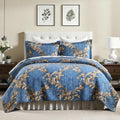 King Size Quilt Set - Blue and Brown Quilt King, 100% Cotton Damask Bedspread Set 3 Piece, Classic Elegant Lightweight Comforter, Reversible Quilt Bedding Set for All Season