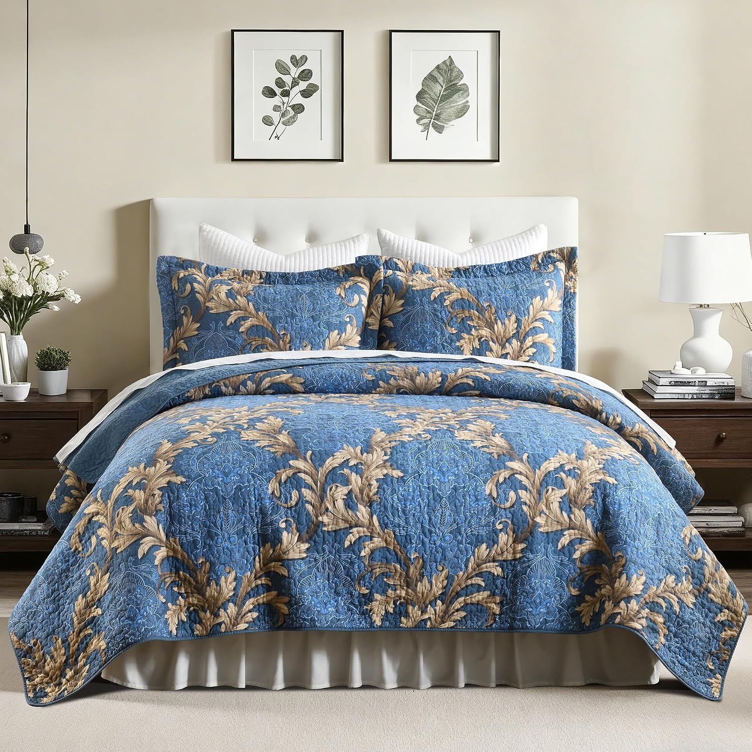 King Size Quilt Set - Blue and Brown Quilt King, 100% Cotton Damask Bedspread Set 3 Piece, Classic Elegant Lightweight Comforter, Reversible Quilt Bedding Set for All Season