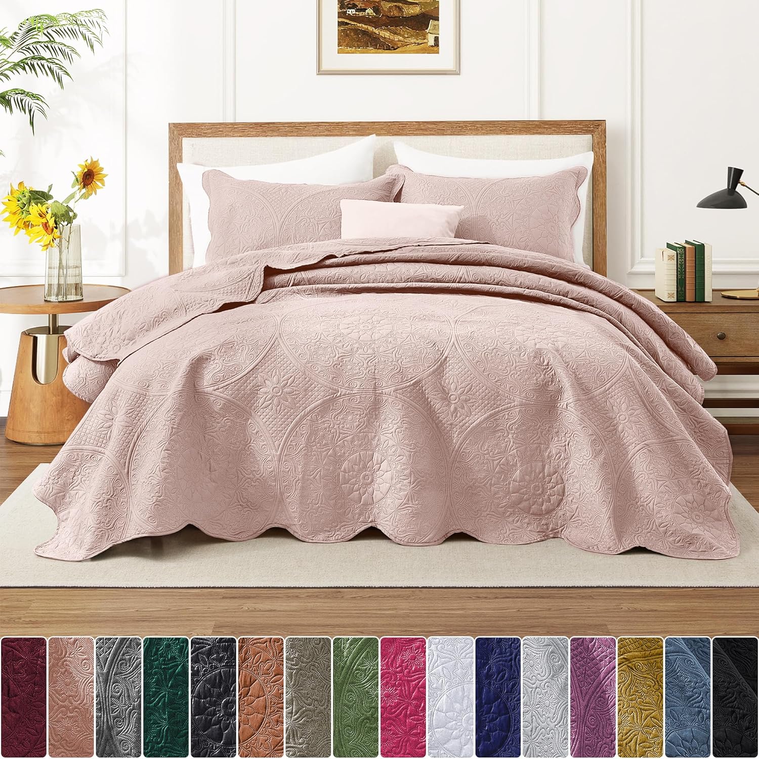 MOONLIGHT20015 8 Pack California King Quilt Bedding Set (118'x106') - Bulk Wholesale for Hotels, Guest Bedroom & Airbnbs - Microfiber Reversible Floral Embossed Quilts Bedspreads (Peach/Baby Pink)