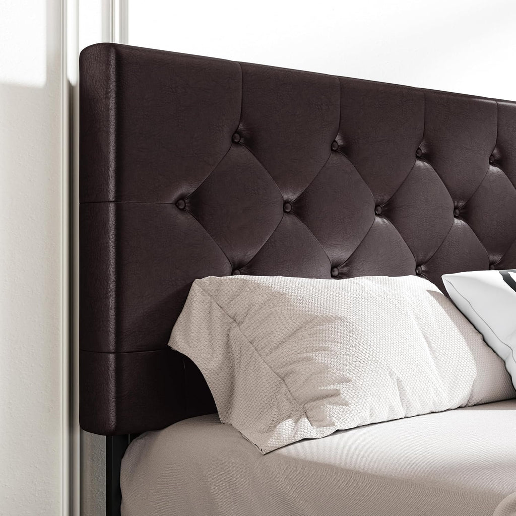 MUTICOR Full Size Bed Frame with 4 Storage Drawers, Upholstered Platform Bed with Button Tufted Adjustable Headboard, No Box Spring Needed, Easy Assembly, Diamond Tufted, Black Brown Leather